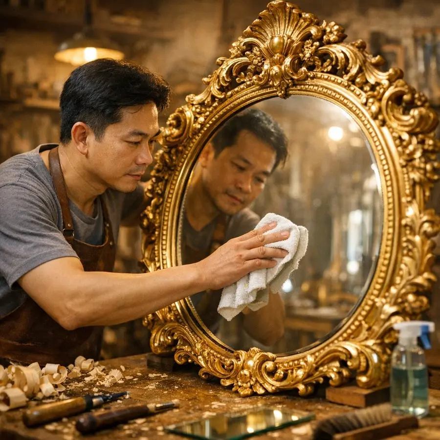 Nghệ nhân đánh bóng gương tại xưởng Kha Gương Nava Đô